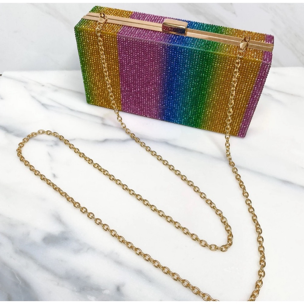 Rainbow Multicolour Crystal Diamond Box Embellished Evening Clutch Bag NWOT